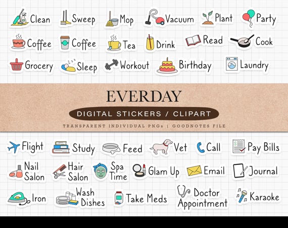 Daily Life Digital Stickers for GoodNotes iPad Planner Journal Sticker Set Everyday Digital Stickers Pack for Digital Planning Journaling
