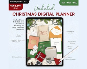 May include: A digital planner for Christmas planning, with a tablet screen showing various sections for holiday menu templates, party planning, gift ideas, and a Christmas schedule. The tablet is surrounded by festive decorations like pine branches, snowflakes, and a red gift box.