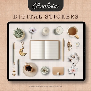 Pegatinas digitales realistas boho, pegatinas GoodNotes, diario digital, pegatinas digitales de diario de balas, pegatinas de tablero de estado de ánimo, pegatinas de escritorio