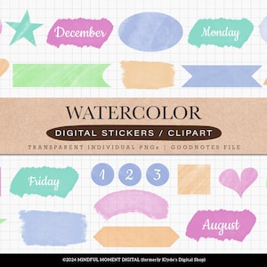 Watercolor Shapes and Texts Digital Stickers for GoodNotes, Noteshelf, ZoomNotes - Pre-cropped and Individual Transparent PNG Stickers