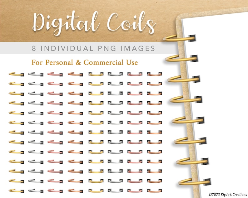 May include: Eight individual digital coil images in gold, silver, and rose gold. The coils are arranged in rows of eight, with each row featuring a different color. The image is labeled "Digital Coils" and "8 Individual PNG Images" and "For Personal & Commercial Use".