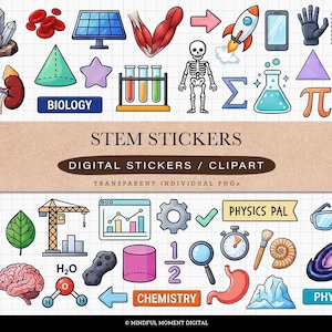 May include: A collection of STEM-themed digital stickers featuring illustrations of crystals, red blood cells, solar panels, muscles, a rocket, smartphone, hand, notebook, kidneys, shapes, test tubes, skeleton, flask, tornado, calculator, leaf, crane, graph, gear, stopwatch, magnifying glass, shell, galaxy, and organs.