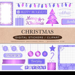 Christmas / Holidays Digital Stickers for GoodNotes, Noteshelf, ZoomNotes, Notability - Pre-cropped and Individual PNG Stickers - Purple