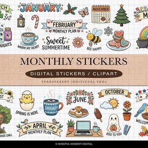 Può includere: Una collezione di adesivi mensili digitali e clipart con vari temi. Include adesivi per gennaio, febbraio, marzo, aprile, maggio, giugno, luglio, agosto, ottobre e novembre. Presenta illustrazioni di un albero di Natale, un arcobaleno e un'ape.