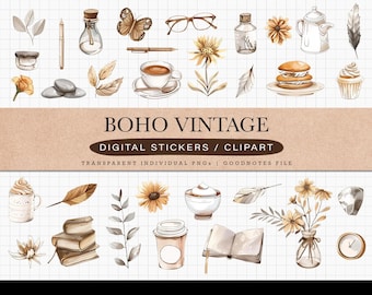 Boho Vintage Stickers Digital Clipart for GoodNotes iPad Planner Journal Sticker Pack Vintage Boho PNG Clipart for Digital Planning