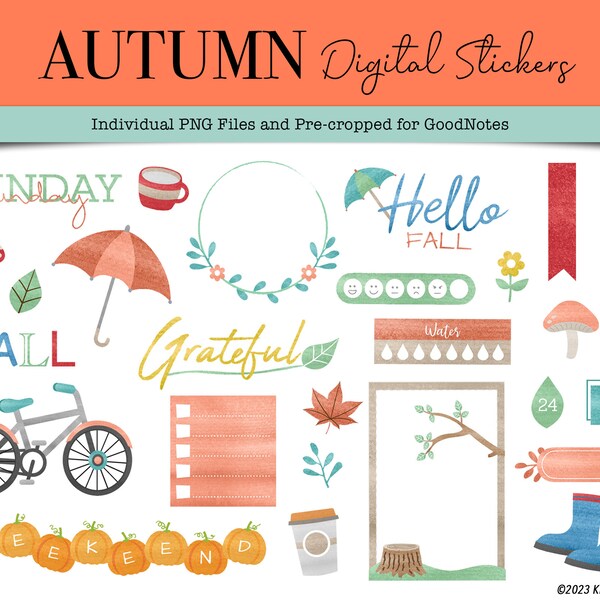 Fall Digital Stickers, Autumn Digital Stickers, October GoodNotes Stickers, Autumn Goodnotes Pre-cropped Stickers, Fall Goodnotes Stickers