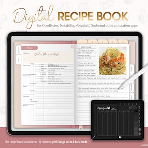 Könnte beinhalten: Eine digitale Rezeptbuchvorlage für iPad-Apps wie GoodNotes, Notability, Noteshelf und Xodo. Die Vorlage verfügt über ein rosa-beiges Farbschema und enthält ein Rezept für Knoblauch-Garnelen-Pasta mit einem Foto des fertigen Gerichts.