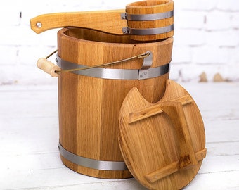 Wooden Sauna Bucket 15 L & Scoop, Vintage Oak Bucket with Ladle, Wood Water Barrel, Wood Bath Bucket, Sauna Whisk Brooms, Sauna Accessories