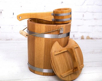 Wooden Oak Bucket 15 L, Sauna Ladle, Vintage Wood Barrel, Oak Scoop, Water Barrel for Sauna, Whisk Brooms Infusion Сontainer Spa Accessories