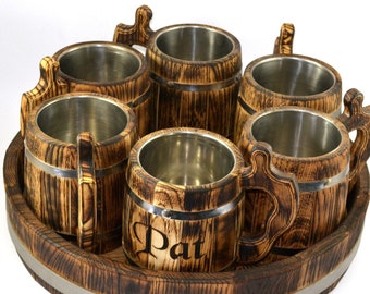 Personalized Wooden Beer Mugs Set, Viking Tankard with Oak Tray, Tavern Mugs, Handmade Vintage Mug, Custom Groomsmen Beer Mug, Wooden Cup