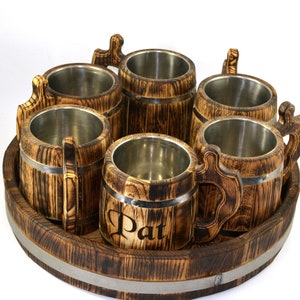 Personalized Wooden Beer Mugs Set, Viking Tankard with Oak Tray, Tavern Mugs, Handmade Vintage Mug, Custom Groomsmen Beer Mug, Wooden Cup