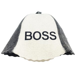 Handmade Wool Sauna Hat &quot;BOSS&quot; | Natural Felted Wool Bath Cap, Unisex Steam Room Protection, Sauna Accessory Funny Scandinavian Hat Spa Gift