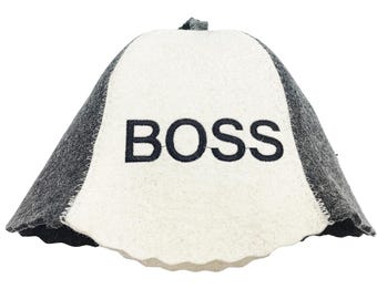 Handmade Wool Sauna Hat "BOSS" | Natural Felted Wool Bath Cap, Unisex Steam Room Protection, Sauna Accessory Funny Scandinavian Hat Spa Gift