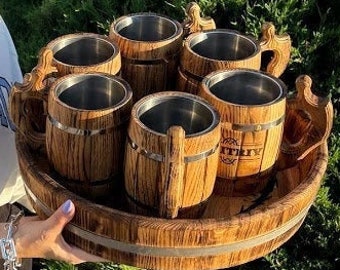 Set of 3, 4, 6 Wooden Beer Mugs with Oak Tray, Personalized Vintage Mug, Groomsmen Beer Cup, Viking Tankard, Beer Stein, Gift for Him, Dad