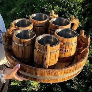 Set of 3, 4, 6 Wooden Beer Mugs with Oak Tray, Personalized Vintage Mug, Groomsmen Beer Cup, Viking Tankard, Beer Stein, Gift for Him, Dad