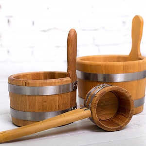 Wooden Sauna Bucket 3-5 L and Ladle, Sauna Accessories, Handmade Wood Oak Barrel and Sauna Scoop, Wood Water Finnish Bowl, Russian Bath Spa