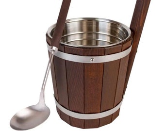 Juego de cubo para sauna de 5 l con cucharón / Cubo de sauna de madera termoendurecida con inserto de acero inoxidable / Cubo de agua para sauna y cuchara de 120 ml / Accesorios para sauna