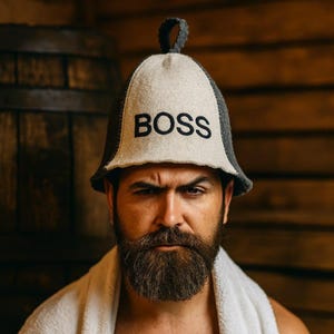 Handmade Wool Sauna Hat &quot;BOSS&quot; | Natural Felted Wool Bath Cap, Unisex Steam Room Protection, Sauna Accessory Funny Scandinavian Hat Spa Gift