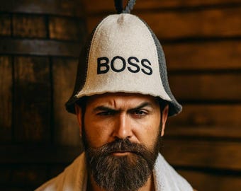 Handmade Wool Sauna Hat "BOSS" | Natural Felted Wool Bath Cap, Unisex Steam Room Protection, Sauna Accessory Funny Scandinavian Hat Spa Gift