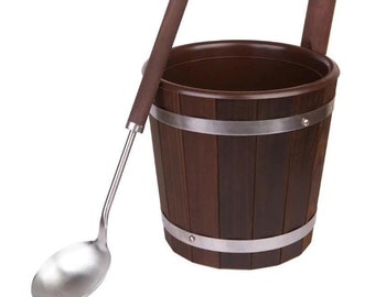 Cubo de sauna de 5 l con cuchara / Cubo de madera con bandas de acero inoxidable / Cubo de agua con cucharón de 120 ml / Accesorios para sauna