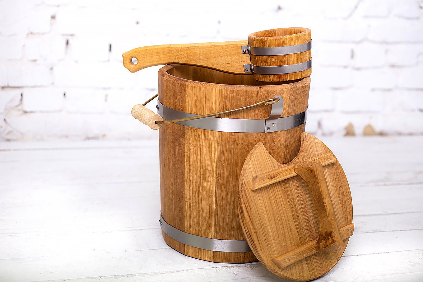 Wooden Solid Oak Bucket 15L Bath Crafting Supplies Handmade Wood Gift for  Father Sauna Shower Accessories White Small Bucket Bath Lover Gift 