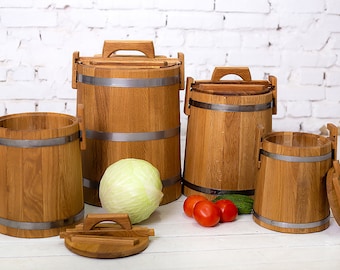 Fermentation Crock, Personalized Pickle Oak Barrel 3L-5L-10L-15L, Wood Vat with a Lid, Pickle Pot, Rustic Fermenting Crock, Food Container