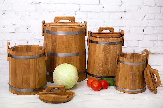 Barils de cornichons personnalisés 3L-5L-10L, cuve en bois avec kits de  fermentation de couvercle et seau en bois Crock pour cornichons et  choucroute -  Canada