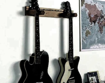 Rustic Wooden Wall Mount Guitar Holder for 2 Guitars, Handmade Acoustic & Electric Guitar Hanger with Pick Holder, Guitar Storage Rack  Gift