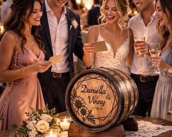 Custom Wedding Barrel Card Box – Oak Whiskey & Wine Barrel Card Holder, Rustic Scotch Bourbon Keg Decor, Personalized Anniversary Gift