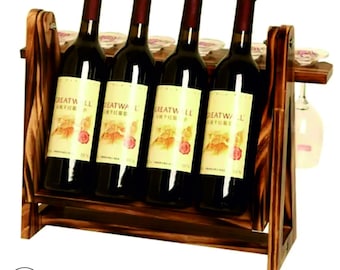 Botellero rústico de madera personalizado para mesa: portabotellas hecho a mano, moderno estante de vino de estilo rústico, regalo para amantes del vino. Organizador de bar.