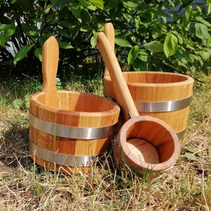 Wooden Sauna Bucket 3-5 L, Sauna Ladle, Wood Oak Barrel, Sauna Scoop, Wood Water Bucket Russian Bath Spa Accessories & Decor