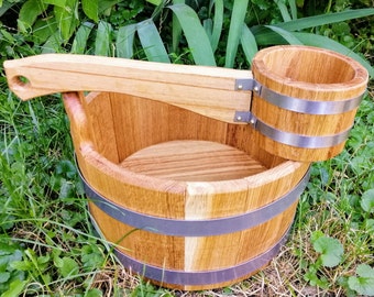 Wooden Oak Bucket 10 L & Sauna Scoop Vintage Wood Barrel Oak Ladle Water Barrel for Sauna Russian Bath Infusion Сontainer Spa Accessories.