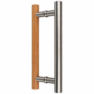 May include: A door pull handle with a combination of wood and brushed stainless steel. The wooden section is a light brown color, while the metal is silver. The handle is designed for easy gripping and pulling.