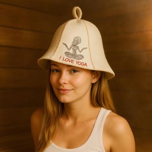 Personalized &quot;I Love Yoga&quot; Sauna Hat – White Wool Felt Bathhouse Cap – Natural Sauna Accessory – Gift for Yoga Lovers, Spa & Steam Room Use