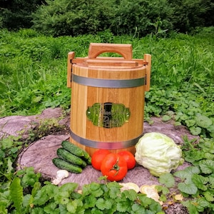 Personalized Pickle Oak Barrel 3-5-10-15-30-50-80L, Wooden Bucket for Sauerkraut Sourdough Starter Jar Wood Pickling  Container with Lid