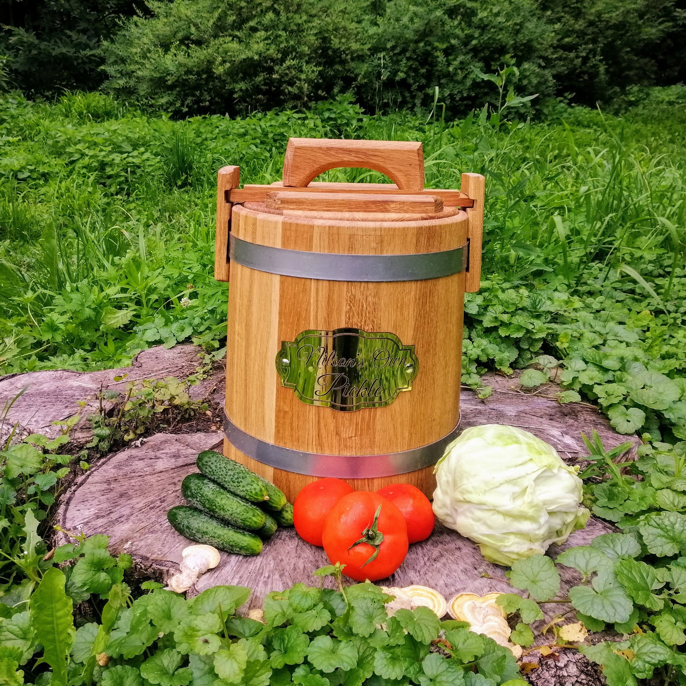 Personalized Pickle Oak Barrel 3-5-10-15-30-50-80L, Wooden Bucket for Sauerkraut Sourdough Starter Jar Wood Pickling  Container with Lid