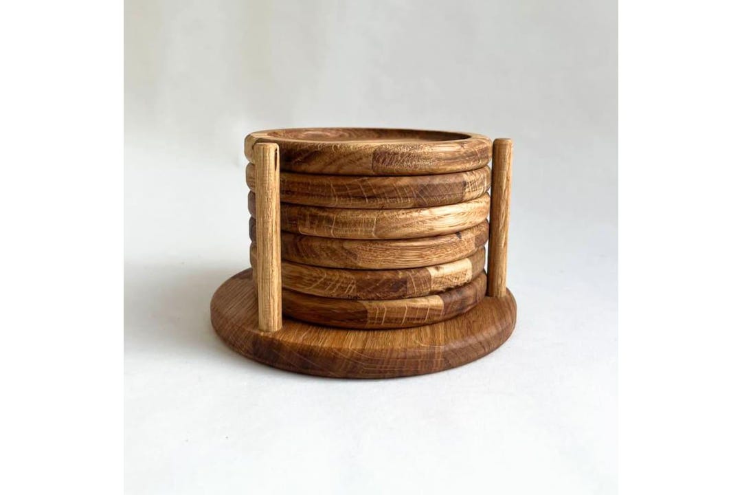 Personalized Set of 6 Oak Wood Drink Coasters – Natural Round Wooden ...