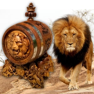Whiskey Lion Barrel 10 L, Wood Carving, Wine-Beer Cask, Wooden Barrel For Bourbon-Rum, Personalized Tequila Barrel, Fathers Day Gift