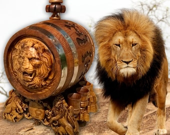 Whisky Löwe Fass 10 L, Holzschnitzerei, Wein-Bierfass, Holzfass für Bourbon-Rum, personalisiertes Tequila-Fass, Vatertagsgeschenk