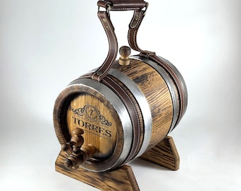 Whiskey Barrel 1-15 L, Personalized Whisky-Wine-Rum-Bourbon-Beer Barrel Gift for Dad Husband Boyfriend, Oak Keg, Wood Cask, Leather Handle