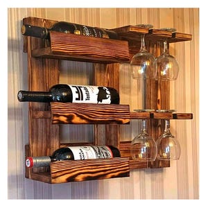 Custom Wall Mounted Wine Rack – Wooden Wine Shelf, Handmade Rustic Wine Holder, Natural Wood, Custom Color Finish, Home & Kitchen Bar Decor