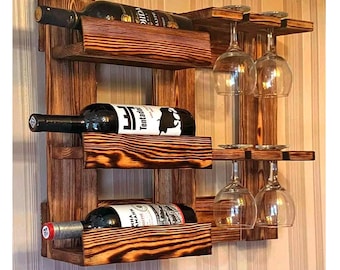 Custom Wall Mounted Wine Rack – Wooden Wine Shelf, Handmade Rustic Wine Holder, Natural Wood, Custom Color Finish, Home & Kitchen Bar Decor