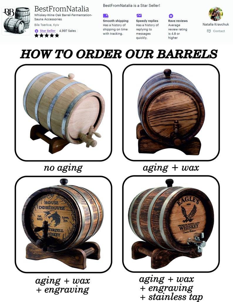 Personalized Oak Whiskey Barrel 1-2-3-5-10-15L, Whisky-Wine-Rum Barrel Wooden Bourbon Barrel Gift for Men Him Dad Husband Rum lover Oak Cask zdjęcie 2