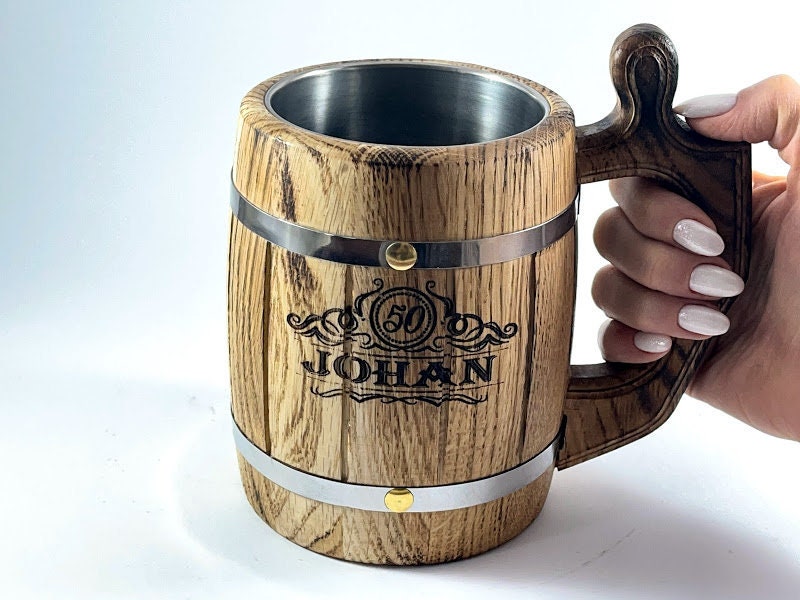 Wood Barrel Double Wall Insulated Beer Mug