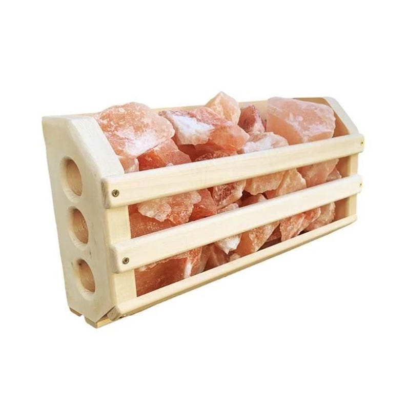 May include: A wooden rack filled with pink Himalayan salt rocks. The rack has three shelves and is made of natural wood.