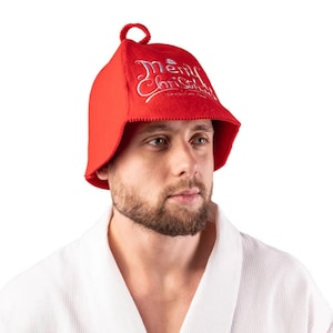 Personalized Unisex Christmas Sauna Hat – Red Felt with &quot;Merry Christmas&quot; Embroidery | Fun Holiday Banya Hat | Sauna Gift Idea-Finnish Sauna