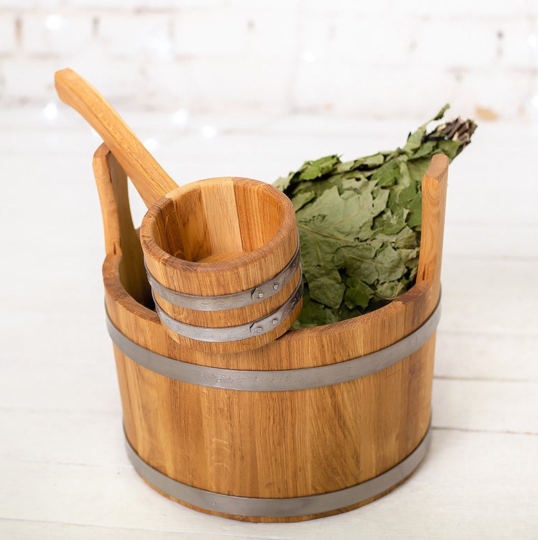 Wooden Sauna Bucket 10L Sauna Ladle Vintage Wood Barrel Oak Etsy