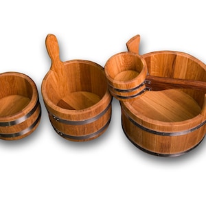 Custom Wooden Sauna Bucket 3-5-10 L and Ladle, Sauna Accessories Handmade Wood Oak Barrel and Scoop Wood Water Finnish Bowl Russian Bath Spa