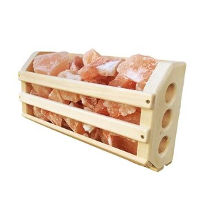 May include: A wooden salt rack with three shelves filled with pink Himalayan salt rocks. The rack has a triangular shape and is designed to be mounted on a wall.