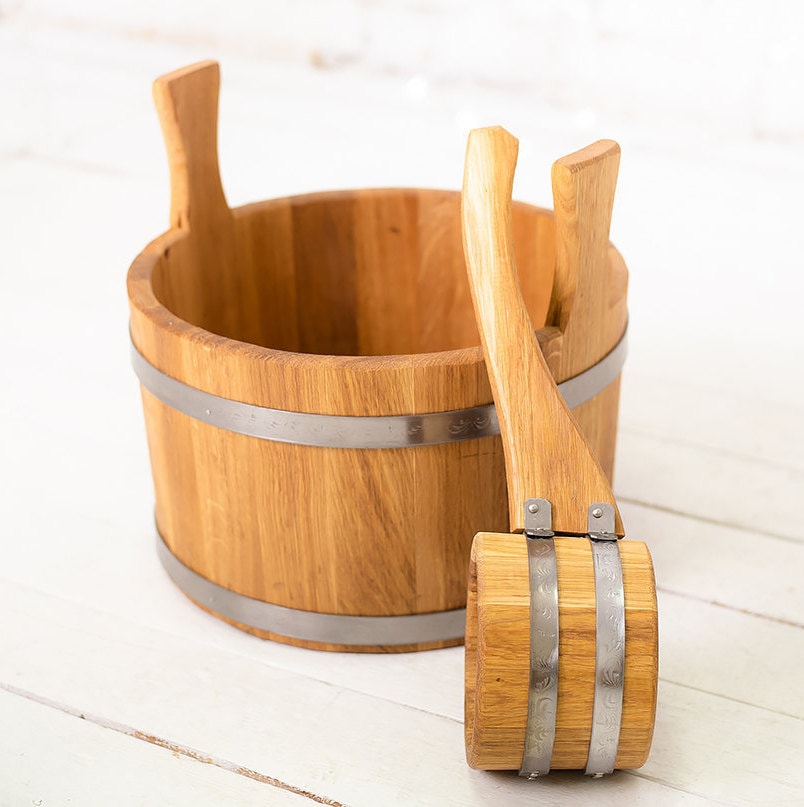 Wooden Sauna Bucket 10L Sauna Ladle Vintage Wood Barrel Oak Etsy